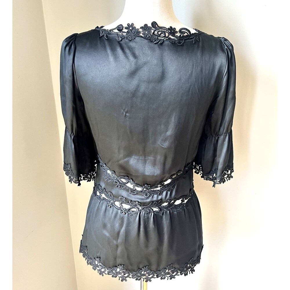 Y2k Laundry Shelli Segal BLACK 100% Silk Blouse Floral Lace Romantic Side Zip S - Picture 3 of 9